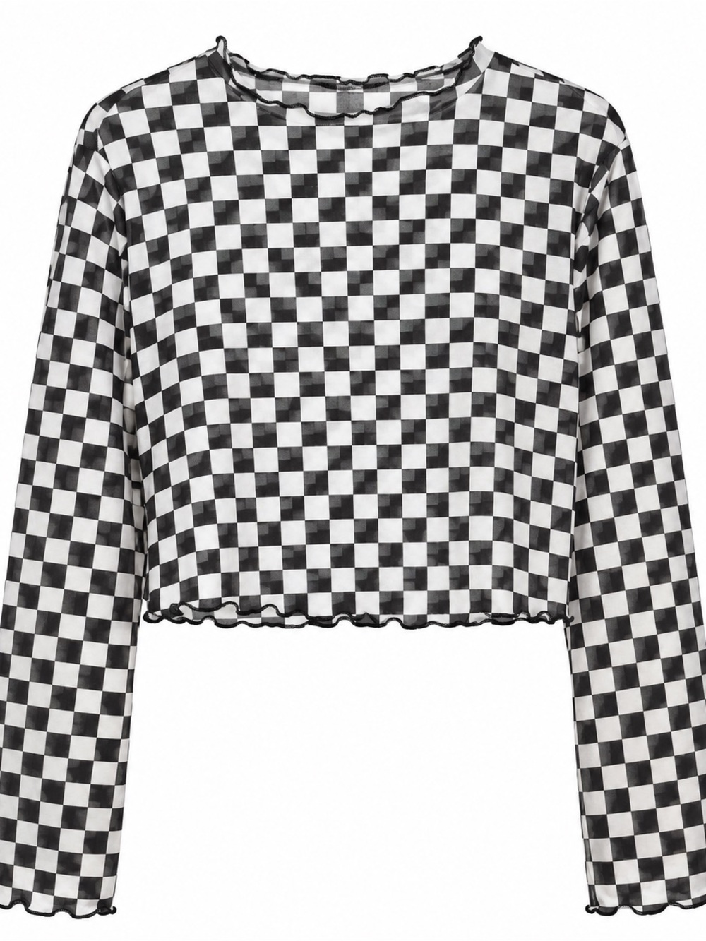 Black & White Checkered Long-Sleeve Crop Top